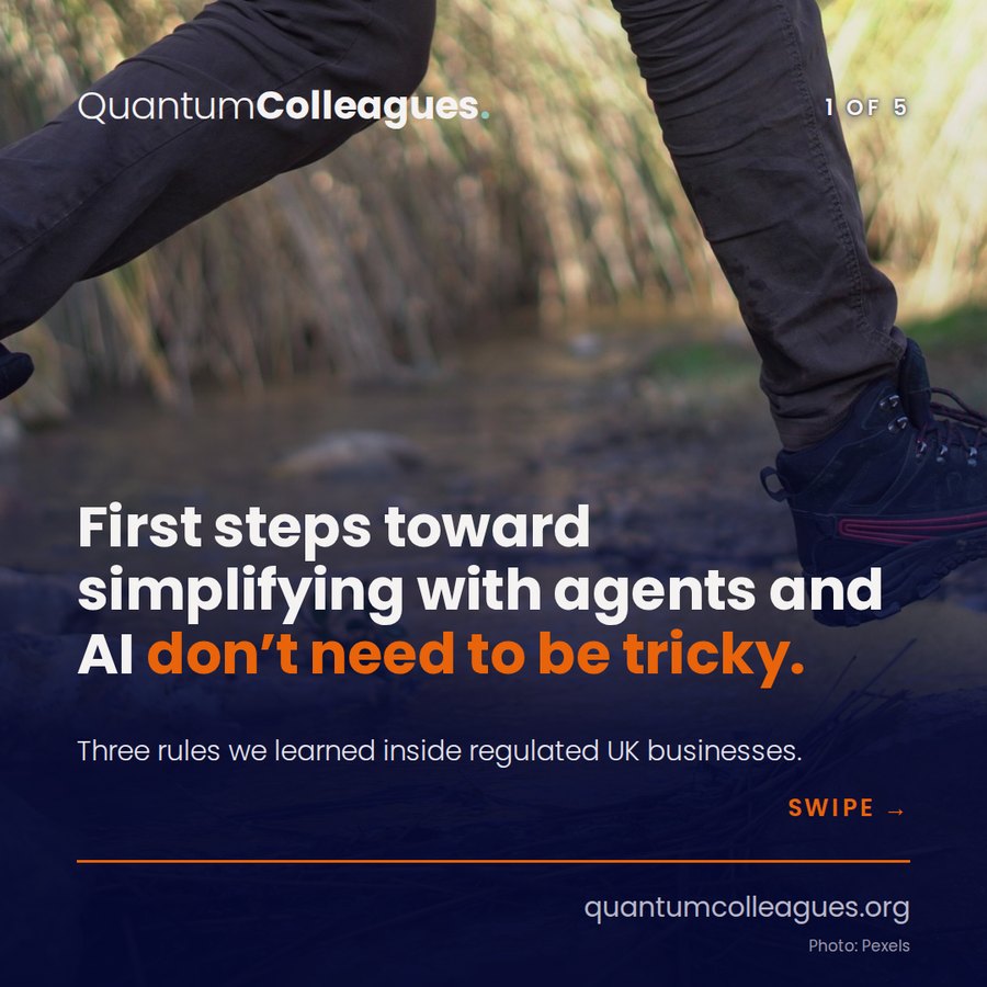 A walker stepping across a stream. First steps toward simplifying with agents and AI don&rsquo;t need to be tricky. Three rules we learned inside regulated UK businesses.