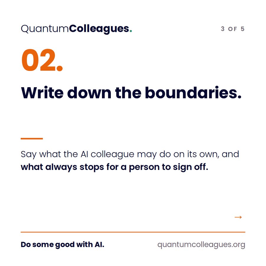Page 3: 02. Write down the boundaries. Say what the AI colleague may do on its own, and what always stops for a person to sign off.