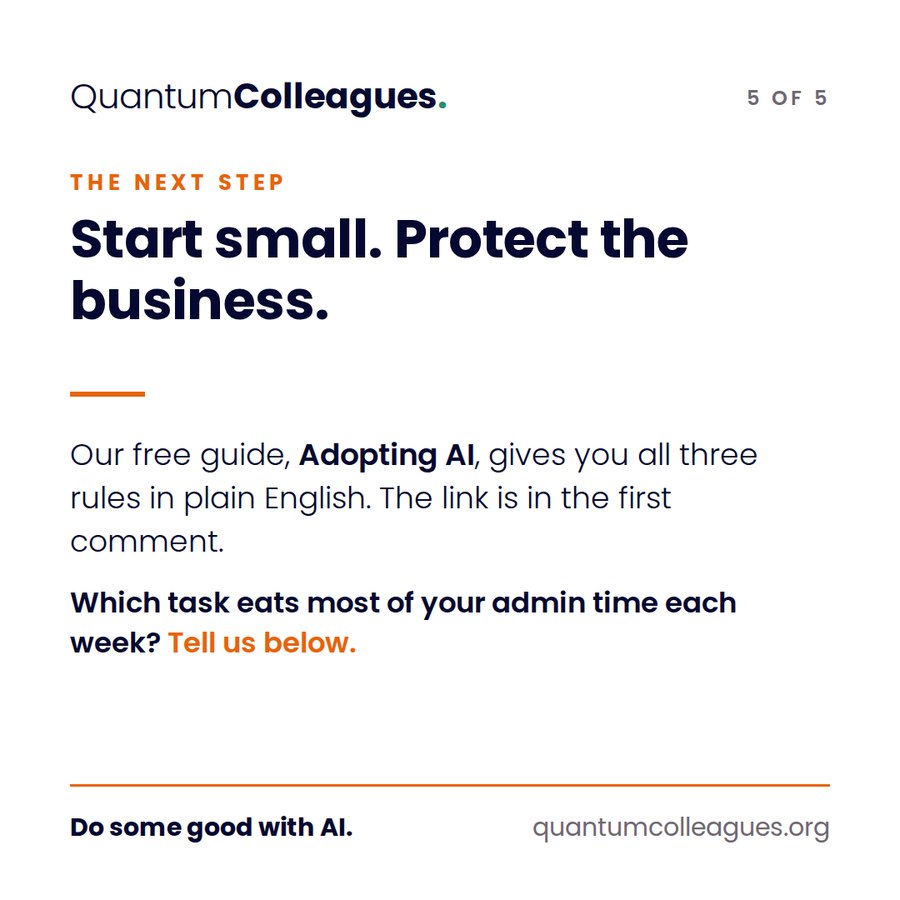 Page 5: Start small. Protect the business. Our free guide, Adopting AI, gives you all three rules in plain English.